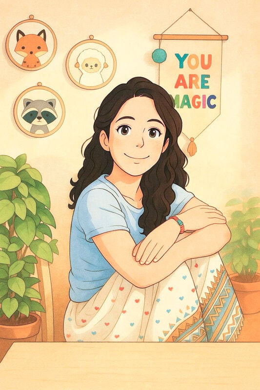 sharon-kuntenti Ilustración ghibli de una mamá emprendedora sentada con expresión cálida, rodeada de plantas y decoración infantil, representando la esencia de Kuntenti.