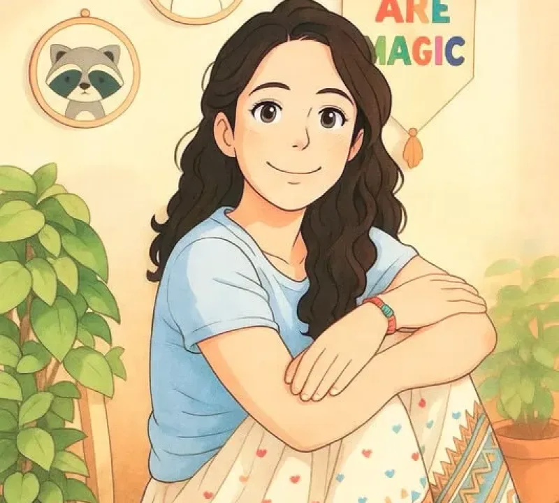Ilustración ghibli de una mamá emprendedora sentada con expresión cálida, rodeada de plantas y decoración infantil, representando la esencia de Kuntenti.